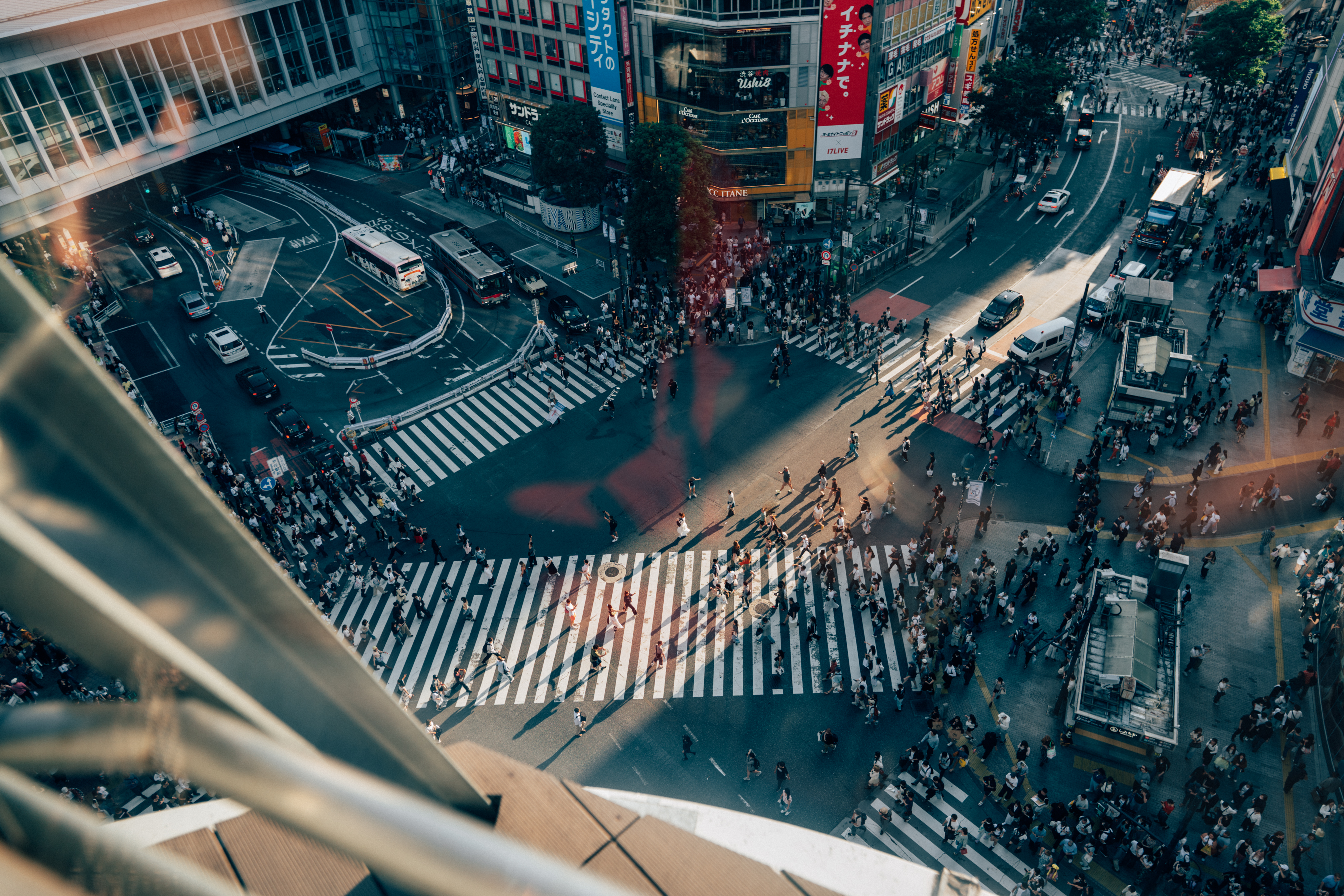 Aerial view of pedestrians crossing at Shibuya Crossing