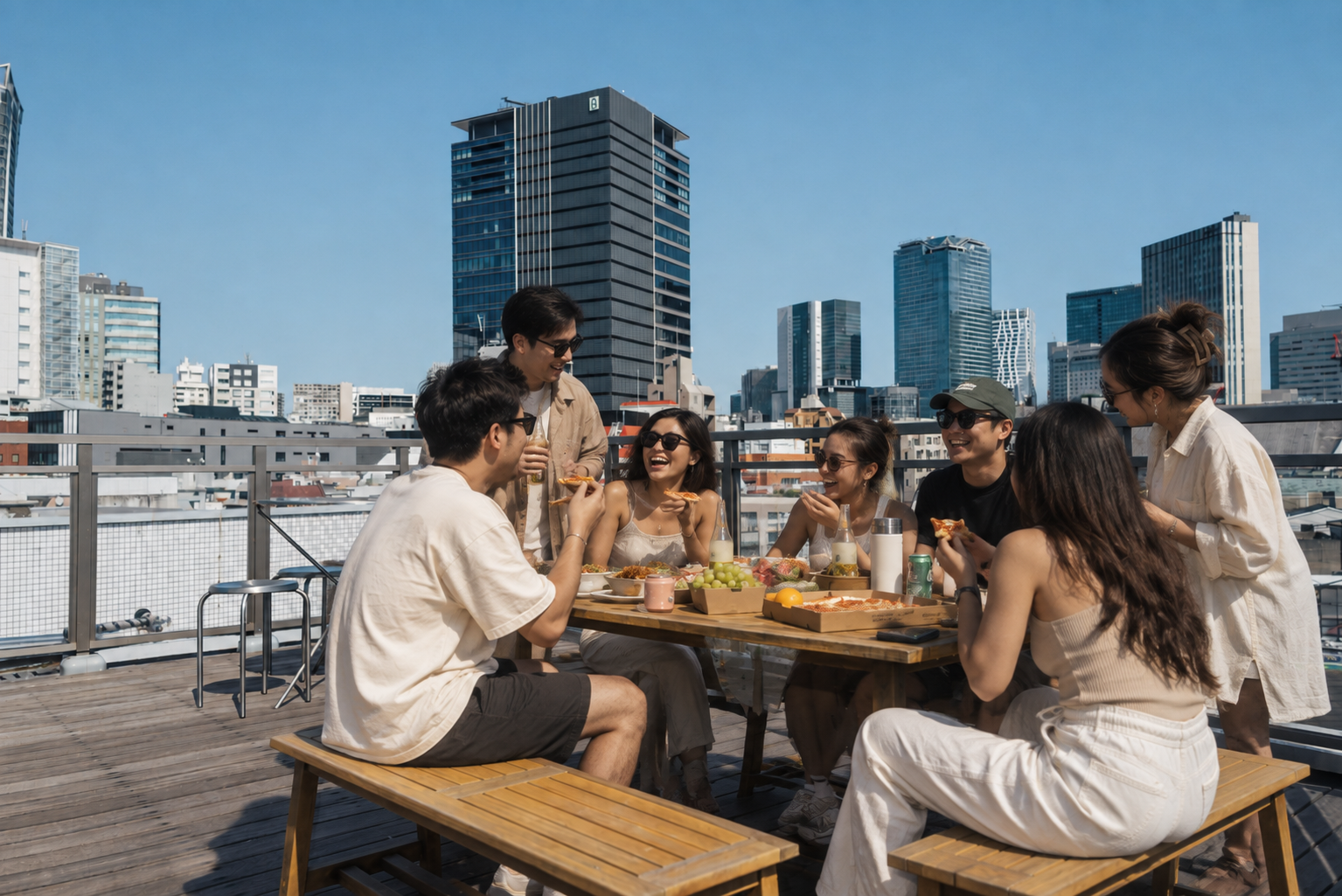 A group of friends dining together on a Tokyo rooftop